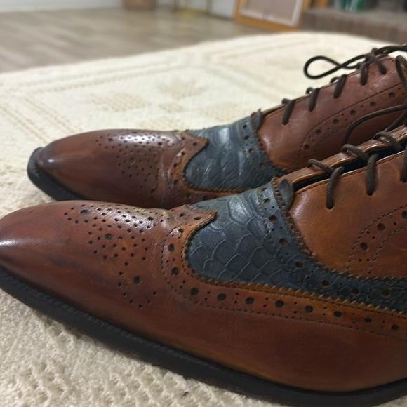 Duca Oxford Brown & Blue‎ captoe Italian leather Men\'s Dress Shoes EUR 45 USA 12 main image 3